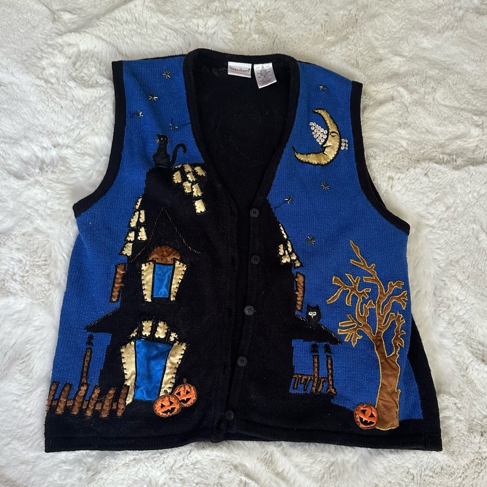 Relisted in my closet! Vintage oversized Halloween Haunted House sweater vest - Picture 1 of 13
